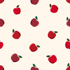 Red apples with leaves on light yellow background. Seamless fruit pattern. Suitable for packaging, textile.