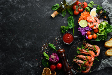 Seafood dishes. Asian cuisine. Top view. Free space for your text.