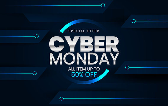 Sale banner template design with blue light effect on dark background, Cyber Monday special offer sale up to 50% off.