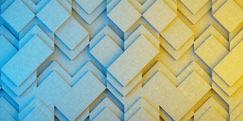 concrete wall with geometric shapes in yellow blue