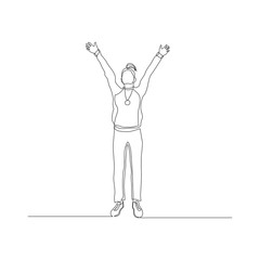 Continuous one line woman with a medal on her neck waves her hands. Vector illustration.