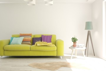 Stylish room in white color with colorful sofa. Scandinavian interior design. 3D illustration