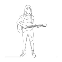 Continuous one line woman plays the guitar. Vector illustration.