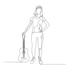 Continuous one line standing woman with a guitar. Vector illustration.