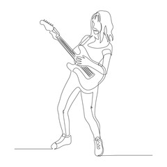 Continuous one line woman plays the guitar expressively. Vector illustration.