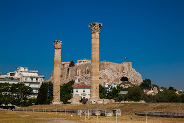Ruins of the Temple of Olympian Zeus also known as the Olympieion and the Acropolis at the center...