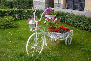 Fototapeta na wymiar tricycle with vintage lantern and pots of flowers in a green meadow with bushes