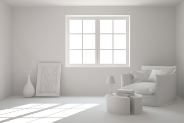 Mock up of stylish room in white color with armchair. Scandinavian interior design. 3D illustration