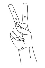 Gesture in the form of two fingers, index and middle, raised upward. The hand shows the number two on the fingers. Isolated black and white pattern. Website design, illustration children s benefits
