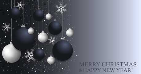 Christmas background with dark blue and white Christmas balls and silver snowflakes. Happy New Year decoration. Elegant Xmas banner or poster. Copy Space. Vector