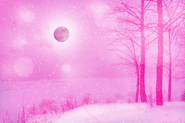 lunar winter pink landscape on the river with falling snow