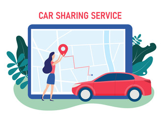 Naklejka premium Wynajem samochodów online, GPS na mapie miasta, Udostępnianie samochodów, Nawigacja, Koncepcja aplikacji lokalizacyjnej. Czerwony samochód i tablet z mapą. Ilustracja wektorowa w stylu płaski