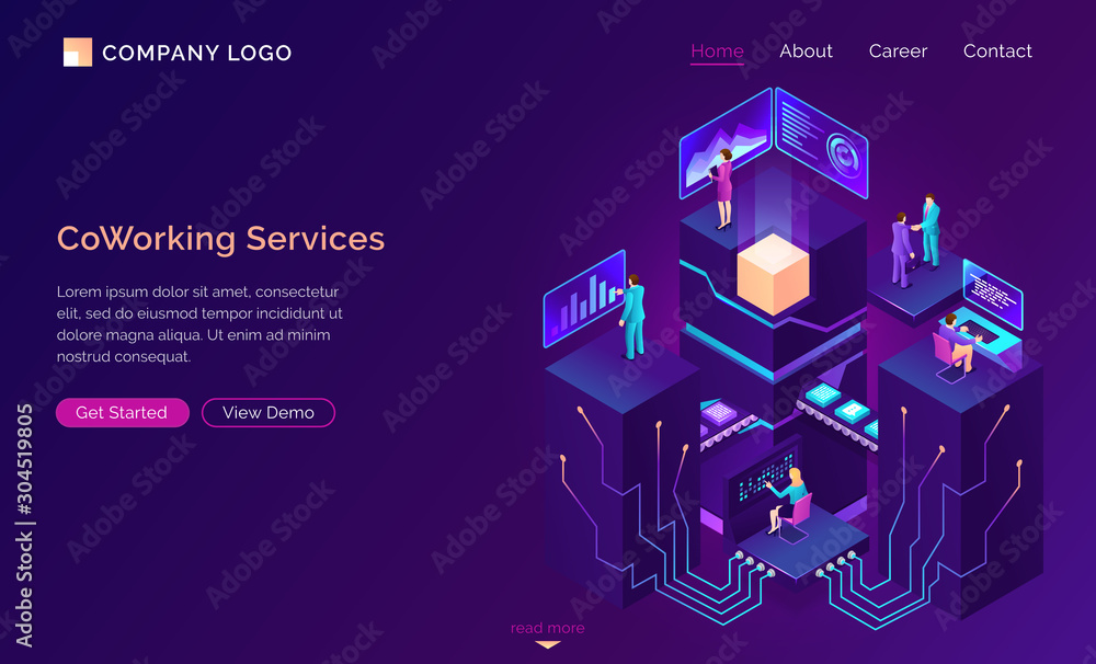 Poster coworking service isometric concept vector. modern coworking office with workspaces and employee, la