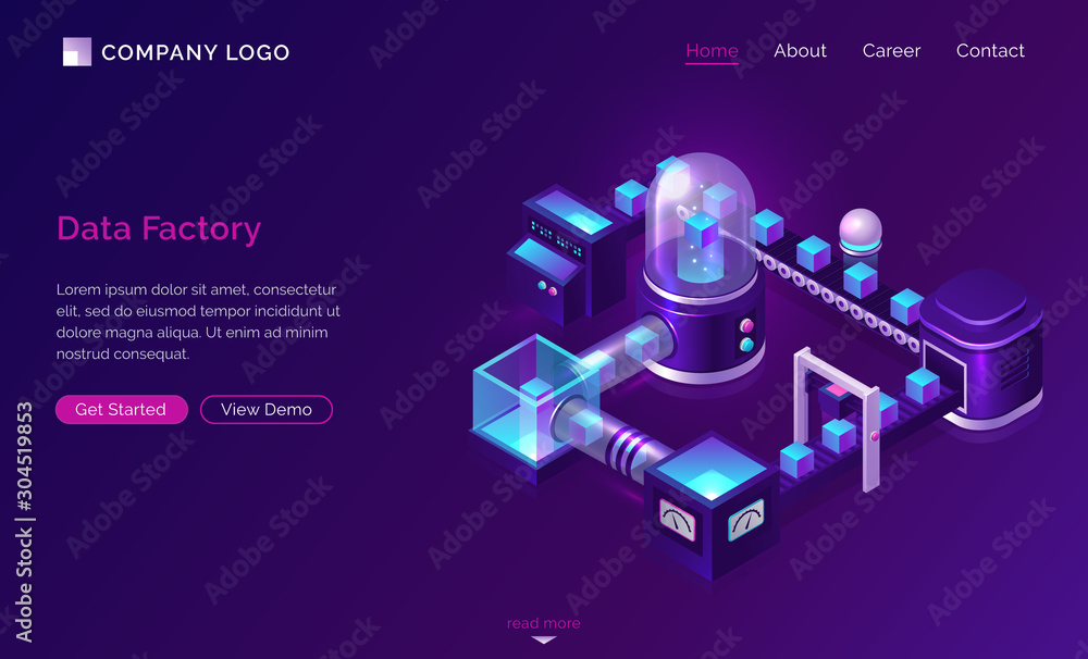 Poster data processing factory, isometric technology concept vector. server with glass dome and virtual obj