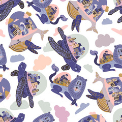 Seamless vector design with stylised animals holding up the planet. The design is suitable for children clothes, wallpaper, stationary, sheets as well as for wrapping paper.