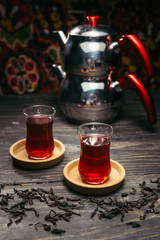 tasty turkish tea on wooden table