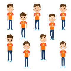 Set of a cute brown-haired boy in blue pants with different facial emotions. Vector illustration in flat cartoon style.