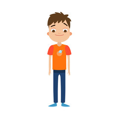 The cute brown-haired boy in blue pants standing with a friendly face. Vector illustration in flat cartoon style.