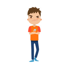 The cute brown-haired boy standing in blue pants with the dissatisfied face. Vector illustration in flat cartoon style.