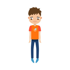 The cute brown-haired boy standing in blue pants with a sad face. Vector illustration in flat cartoon style.