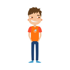 The cute brown-haired boy in blue pants standing with a satisfied smiling face. Vector illustration in flat cartoon style.