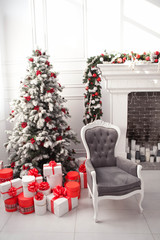 Christmas interior with Christmas tree in wight, gray and red colors