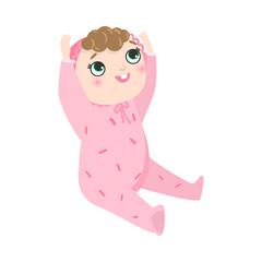 Cute happy smiling baby with kinky hair sitting in pink pajama with raised hands. Vector illustration in flat cartoon style.