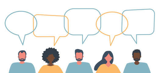Communication of men and women. International community of people. People icons with speech bubbles. Vector illustration