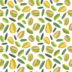 Seamless pattern with illustration of pistachios and transparent background