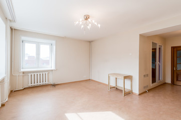 Russia, Moscow- July 06, 2019: interior room apartment. standard repair decoration in hostel. bright empty room without furniture