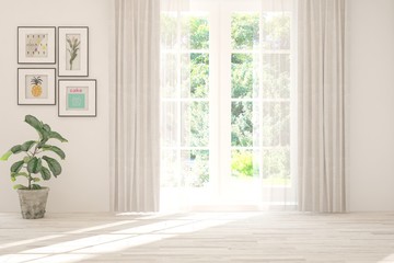 Stylish empty room in white color with summer landscape in window. Scandinavian interior design. 3D illustration