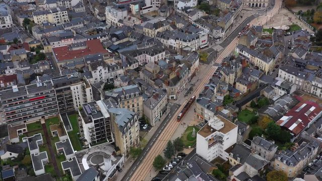 Tramway aerial view le Mans city center France Sarthe residential area