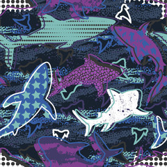 Abstract seamless vector underwater pattern for girls, boys, clothes. Creative background with sharks. Funny wallpaper for textile and fabric. Fashion style. Colorful bright