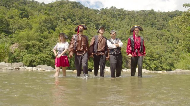 Badass Pirates Walking With Attitude On A Shallow River