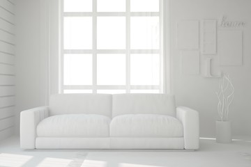 Mock up of stylish room in white color with sofa. Scandinavian interior design. 3D illustration
