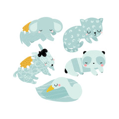 Set of cute wild animals and bird. Kids graphic. Vector hand drawn illustration.