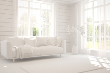 Mock up of stylish room in white color with sofa and green landscape in window. Scandinavian interior design. 3D illustration