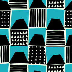 Modern seamless pattern with houses in black and blue on cream background.  - 304525867