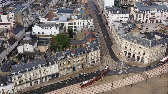 Following the tramway going to place de la r&eacute;publique aerial view le Mans France Sarthe urban area
