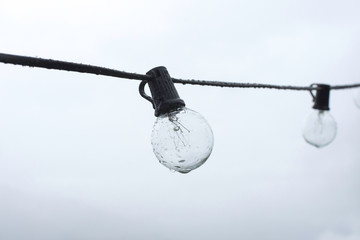 A wet bulb in detail in front of white fog. In the background a foggy landscape. Black and White.