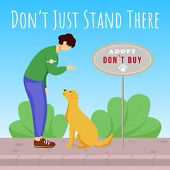 Dont just stand there social media post mockup. Animal shelter advertising web banner design template. Social media booster, content layout. Promotion poster, print ads with flat illustrations