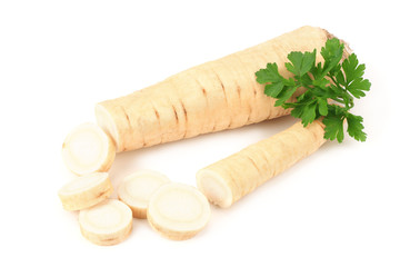 fresh parsley root with slices and parsley isolated on white background