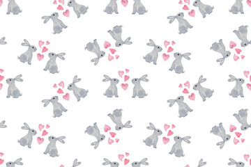 A repeat pattern of a lovely hand drawn illustration of  cute little grey Easter bunnies and hearts on the white background, spring holidays illustration