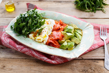 egg, arugula, salmon and avocado