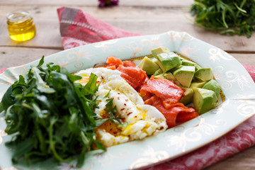 egg, arugula, salmon and avocado