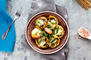 egg with mushrooms. Top view.