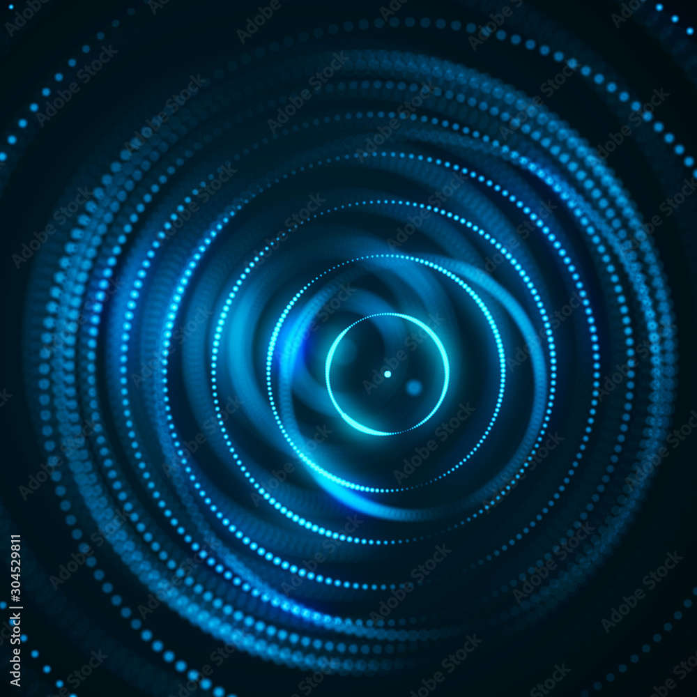 Poster 3d abstract sphere. Sphere particles on dark background. Science and technology. 3d rendering.
