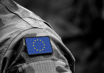 The Flag of Europe on military uniform. Collage.