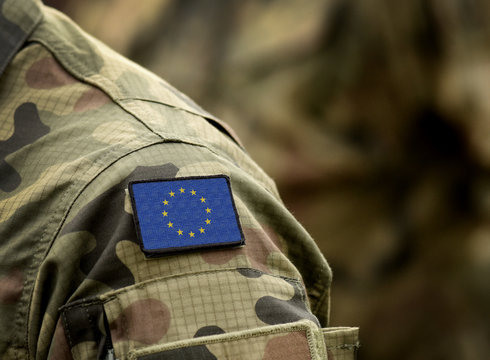 The Flag of Europe on military uniform. Collage.