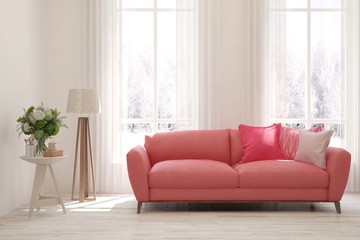 Stylish room in white color with pink sofa. Scandinavian interior design. 3D illustration